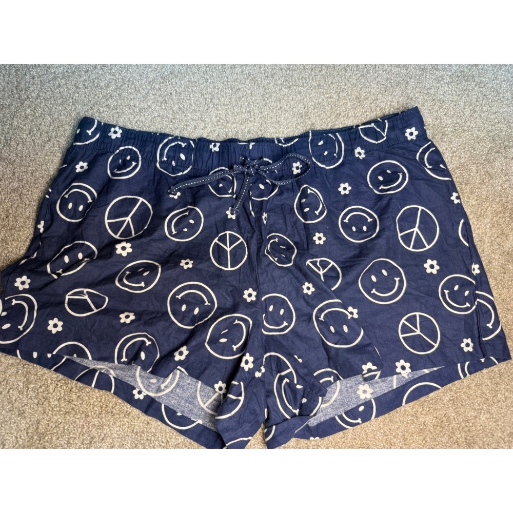 Jenni Intimates Womens XXL Pajama Shorts Navy Blue Smiley Peace Daisy Cotton